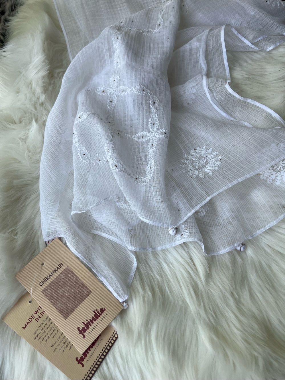 fabindia White Chikan Embroidered Scarf - Sheer